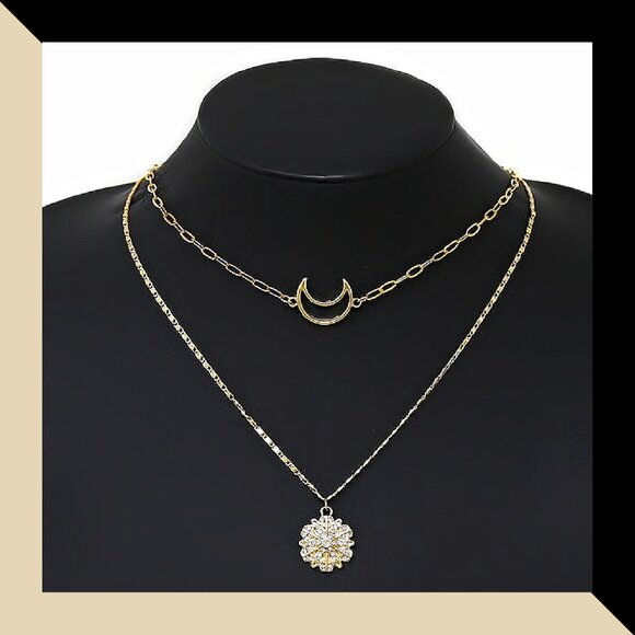 Kikiboheme Jewelry - Gold Dipped Crescent Moon and Star Pendant 2-Layer Boho Chain Necklace NEW